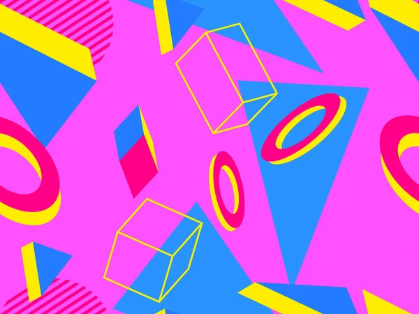 80lerin tarzında 3 boyutlu geometrik kusursuz desen. Üç boyutlu izometrik üçgenler, kareler ve daireler. Promosyon ürünleri, ambalaj kağıdı ve baskı için arka plan. Vektör illüstrasyonu