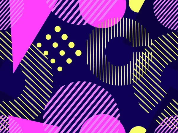 80 'lerin tarzında, geometrik, pürüzsüz desen. Geometrik şekiller üçgenler, kareler, daireler, soyut bileşimler. Promosyon ürünleri, ambalaj kağıdı ve baskı için arka plan. Vektör illüstrasyonu