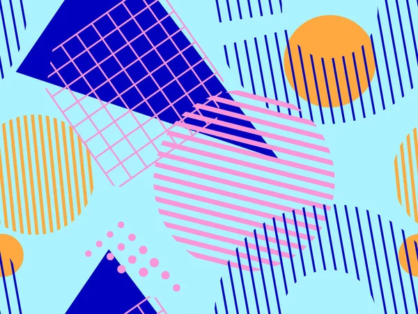 80 'lerin tarzında, geometrik, pürüzsüz desen. Geometrik şekiller üçgenler, kareler, daireler, soyut bileşimler. Promosyon ürünleri, ambalaj kağıdı ve baskı için arka plan. Vektör illüstrasyonu