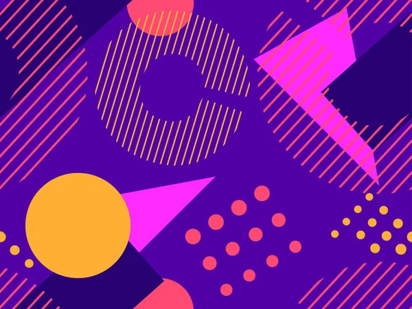 80 'lerin tarzında, geometrik, pürüzsüz desen. Geometrik şekiller üçgenler, kareler, daireler, soyut bileşimler. Promosyon ürünleri, ambalaj kağıdı ve baskı için arka plan. Vektör illüstrasyonu