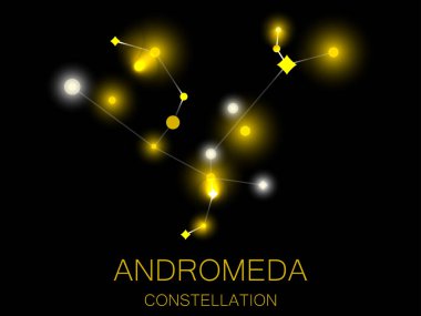Andromeda Takımyıldızı. Gece gökyüzünde parlak sarı yıldızlar. Derin uzayda, evrende bir yıldız kümesi. Vektör illüstrasyonu