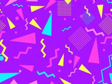 80 'lerin tarzında, geometrik, pürüzsüz desen. Zigzaglar ve üçgenler, pop sanatında noktalar. Promosyon ürünleri, ambalaj kağıdı ve baskı için arka plan. Vektör illüstrasyonu