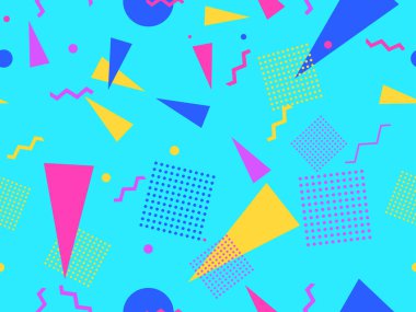 80 'lerin tarzında, geometrik, pürüzsüz desen. Zigzaglar ve üçgenler, pop sanatında noktalar. Promosyon ürünleri, ambalaj kağıdı ve baskı için arka plan. Vektör illüstrasyonu