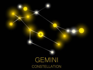 İkizler takımyıldızı. Gece gökyüzünde parlak sarı yıldızlar. Derin uzayda, evrende bir yıldız kümesi. Vektör illüstrasyonu