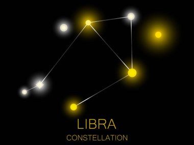 Terazi takımyıldızı. Gece gökyüzünde parlak sarı yıldızlar. Derin uzayda, evrende bir yıldız kümesi. Vektör illüstrasyonu