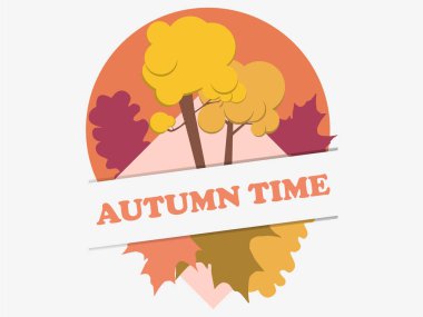 Sonbahar geldi. Sarı yapraklı ve ağaç kesim kağıtlı pankart. Beyaz arka planda izole edilmiş. Davetiyeler, broşürler ve tebrik kartları için bir şablon tasarla. Vektör illüstrasyonu