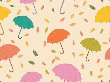 Şemsiyeli ve yapraklı sonbahar desenli. Düşen yapraklar, düşen yapraklar. Yağmurdan renkli şemsiyeler. Yüzeyler için arka plan, kağıt ve kumaş üzerine baskı. Vektör illüstrasyonu