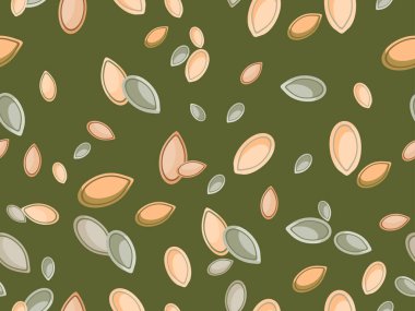 Balkabağı tohumları kusursuz desen. Zengin besin değeri olan sağlıklı yiyecekler. Paket kağıdı, baskı, kumaş ve baskı için arka plan. Vektör illüstrasyonu