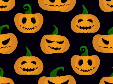 Ürkütücü Cadılar Bayramı balkabakları kusursuz desen. Balkabağı feneri. Ambalaj kağıdı, baskı, kumaş ve baskı için şenlikli bir arka plan. Vektör illüstrasyonu