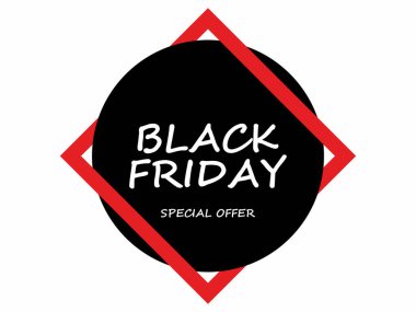 Kara Cuma özel teklifi. Beyaz arkaplanda kırmızı çerçeveli siyah bir daire. İndirimli yuvarlak çıkartma. Promosyon ürünleri, afişler, el ilanları ve hediye kartları için tasarım. Vektör illüstrasyonu