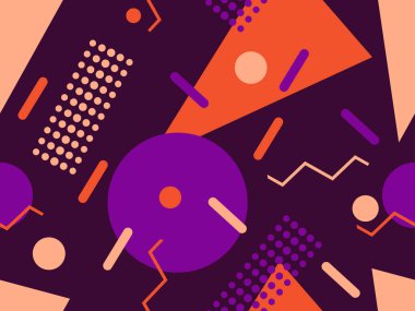 Üçgenli ve noktalı geometrik kusursuz desen. Memphis tarzı. Ambalaj kağıdı, baskı, kumaş ve baskı için 80 'lerin modası. Vektör illüstrasyonu