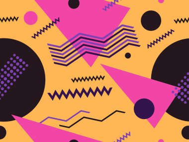 Üçgenli ve noktalı geometrik kusursuz desen. Memphis tarzı. Ambalaj kağıdı, baskı, kumaş ve baskı için 80 'lerin modası. Vektör illüstrasyonu