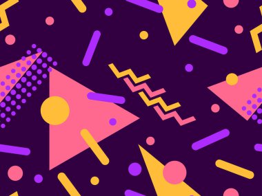 Üçgenli ve noktalı geometrik kusursuz desen. Memphis tarzı. Ambalaj kağıdı, baskı, kumaş ve baskı için 80 'lerin modası. Vektör illüstrasyonu