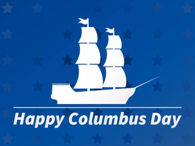 Columbus Günün kutlu olsun. Yıldızlı mavi arkaplanlı bir yelkenli gemisinin beyaz çizgisi. Vektör illüstrasyonu