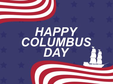Columbus Günün kutlu olsun. Amerika 'nın kaşifi. Yelkenli gemi ve Birleşik Devletler bayrağı. Tebrik kartı tasarla. Vektör illüstrasyonu