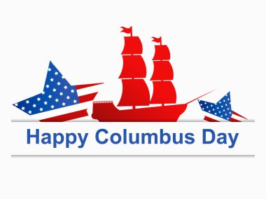 Columbus Günün kutlu olsun. Amerika 'nın kaşifi. Yelkenli gemi ve Birleşik Devletler bayrağı. Tebrik kartı tasarla. Vektör illüstrasyonu