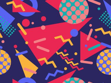 80 'lerin tarzında geometrik şekilli kusursuz desen. Kağıt, reklam materyali ve kumaş basmak için modaya uygun bir geçmişe dönüş. Vektör illüstrasyonu