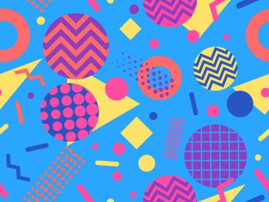 80 'lerin tarzında geometrik şekilli kusursuz desen. Kağıt, reklam materyali ve kumaş basmak için modaya uygun bir geçmişe dönüş. Vektör illüstrasyonu