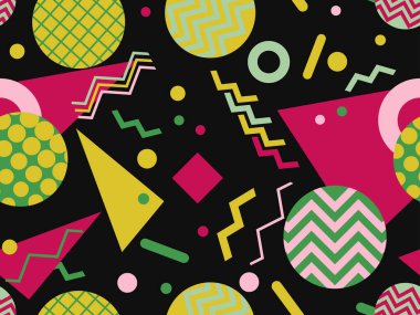 80 'lerin tarzında geometrik şekilli kusursuz desen. Kağıt, reklam materyali ve kumaş basmak için modaya uygun bir geçmişe dönüş. Vektör illüstrasyonu