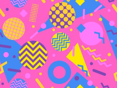 80 'lerin tarzında geometrik şekilli kusursuz desen. Kağıt, reklam materyali ve kumaş basmak için modaya uygun bir geçmişe dönüş. Vektör illüstrasyonu