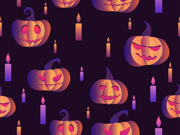 Spookachtige Pompoenen Kaarsen Naadloos Patroon Halloween Feestelijke Achtergrond Voor Het — Stockvector