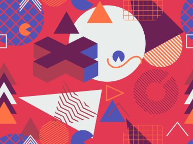 80 'lerin tarzında geometrik şekilli kusursuz Memphis deseni. Kağıt, reklam materyali ve kumaş basmak için modaya uygun bir geçmişe dönüş. Vektör illüstrasyonu