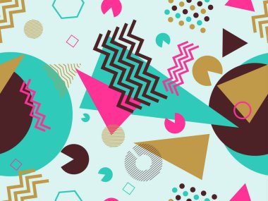 80 'lerin tarzında geometrik şekilli kusursuz Memphis deseni. Kağıt, reklam materyali ve kumaş basmak için modaya uygun bir geçmişe dönüş. Vektör illüstrasyonu