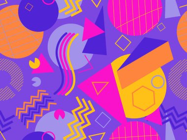 80 'lerin tarzında geometrik şekilli kusursuz Memphis deseni. Kağıt, reklam materyali ve kumaş basmak için modaya uygun bir geçmişe dönüş. Vektör illüstrasyonu