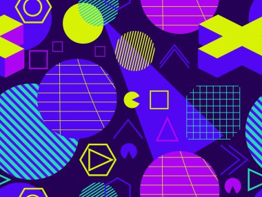 80 'lerin tarzında geometrik şekilli kusursuz Memphis deseni. Kağıt, reklam materyali ve kumaş basmak için modaya uygun bir geçmişe dönüş. Vektör illüstrasyonu