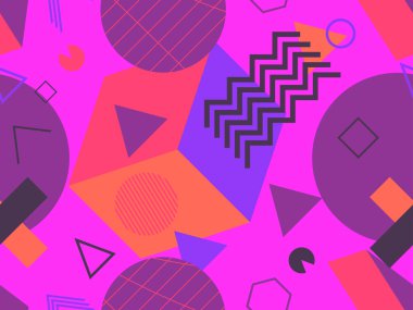 80 'lerin tarzında geometrik şekilli kusursuz Memphis deseni. Kağıt, reklam materyali ve kumaş basmak için modaya uygun bir geçmişe dönüş. Vektör illüstrasyonu
