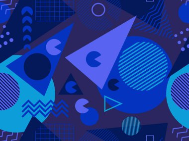 80 'lerin tarzında geometrik şekilli kusursuz Memphis deseni. Kağıt, reklam materyali ve kumaş basmak için modaya uygun bir geçmişe dönüş. Vektör illüstrasyonu