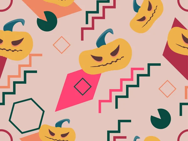 Halloween Naadloos Patroon Met Enge Pompoenen Geometrische Vormen Stijl Van — Stockvector