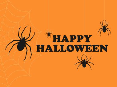 Mutlu Cadılar Bayramı. Turuncu arka planda örümceklerin asılı olduğu metin afişi. Tebrik kartı tasarla. Vektör illüstrasyonu