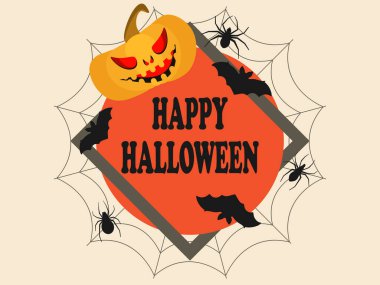 Mutlu Cadılar Bayramı. Şeytani balkabağı, yarasa ve örümcek ağlı tatil afişi. Tebrik kartı tasarla. Vektör illüstrasyonu