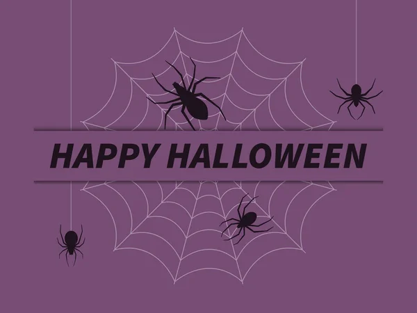 Щасливого Хеллоуїна Текстовий Банер Павуками Висять Павутині Ізольовані Фіолетовому Фоні — стоковий вектор