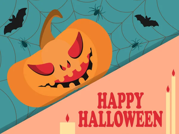 Happy Halloween. Text banner with evil pumpkin, bats and spiders with cobwebs. Design greeting card. Vector illustration — Stock Illustration Happy Halloween Text Banner Evil Pumpkin Bats Spiders Cobwebs Design Vector Graphics