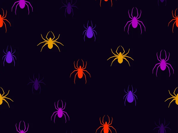 異なる色のクモのシームレスなパターン 怖いクモとハロウィーンの背景 チラシ 招待状や包装紙に印刷するためのデザイン ベクターイラスト — ストックベクタ