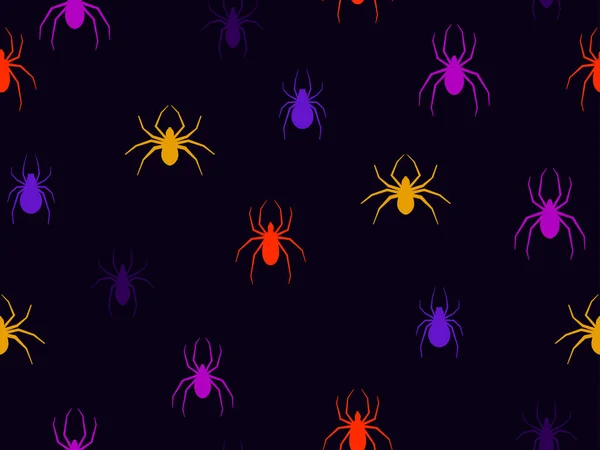 Spiders seamless pattern of different colors. Halloween background with scary spiders, design for printing on flyers, invitations and wrapping paper. Vector illustration — Stock Illustration Spiders Seamless Pattern Different Colors Halloween Background Scary Spiders Design Royalty Free Stock Illustrations
