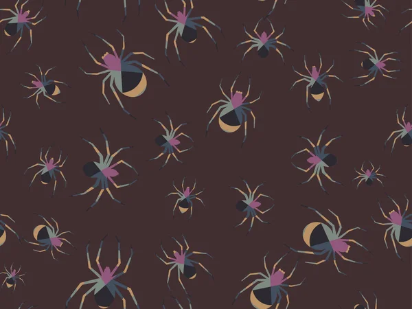 Spiders seamless pattern of different colors. Halloween background with scary spiders, design for printing on flyers, invitations and wrapping paper. Vector illustration — Stock Illustration Spiders Seamless Pattern Different Colors Halloween Background Scary Spiders Design Stock Illustration