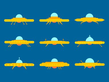 Düz biçimli Ufo simgesi. Uzaylı uzay gemisi koleksiyonu, uzay uçan daire. Uzaylı uzay gemileri. Baskı, pankart ve reklam için simge tasarımı. Vektör illüstrasyonu