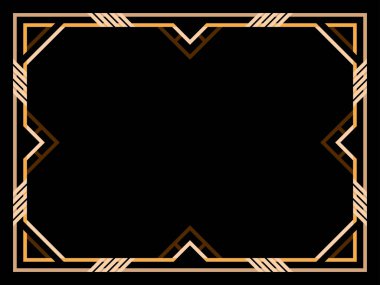 Art deco çerçeve. Klasik doğrusal sınır. Geometrik çerçeve altın renginde, satır sanatı tarzında, boşluk ise metin için. Davetiye, broşür ve tebrik kartı için bir şablon tasarla. Vektör illüstrasyonu
