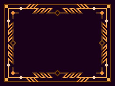 Art deco çerçeve. Klasik doğrusal sınır. Geometrik çerçeve altın renginde, satır sanatı tarzında, boşluk ise metin için. Davetiye, broşür ve tebrik kartı için bir şablon tasarla. Vektör illüstrasyonu