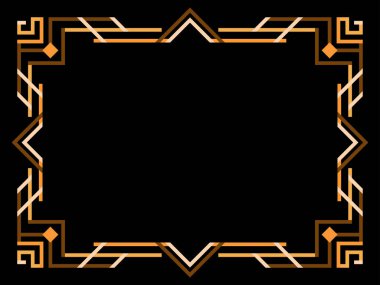 Art deco çerçeve. Klasik doğrusal sınır. Geometrik çerçeve altın renginde, satır sanatı tarzında, boşluk ise metin için. Davetiye, broşür ve tebrik kartı için bir şablon tasarla. Vektör illüstrasyonu