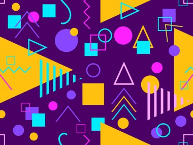 80 'lerin tarzında Memphis elementleriyle geometrik kusursuz desen. Renkli geometrik desen. Promosyon ürünleri tasarımı, ambalaj kağıdı ve baskı. Vektör illüstrasyonu