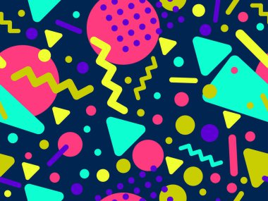 80 'ler ve 90' lar tarzında geometrik şekilli kusursuz Memphis deseni. Farklı şekil ve renklerin geometrik şekilleri. Promosyon ürünleri tasarımı, ambalaj kağıdı ve baskı. Vektör illüstrasyonu