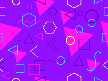 80 'lerin tarzında Memphis elementleriyle geometrik kusursuz desen. Renkli geometrik desen. Promosyon ürünleri tasarımı, ambalaj kağıdı ve baskı. Vektör illüstrasyonu