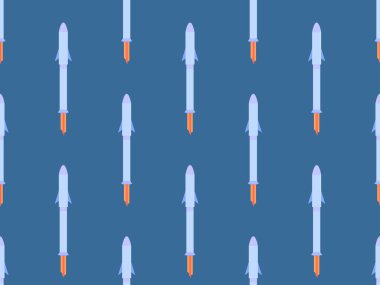 Uzay gemileri kusursuz bir desen çiziyor. Yörünge fırlatma aracı. Düz stil uzay roketleri. Uzay keşifleri ve gezegenler arası uçuşlar için uzay gemileri. Afişler ve posterler için tasarım. Vektör illüstrasyonu