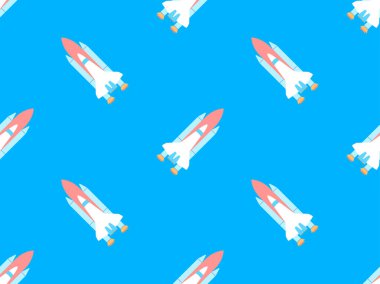 Uzay gemileri kusursuz bir desen çiziyor. Yörünge fırlatma aracı. Düz stil uzay roketleri. Uzay keşifleri ve gezegenler arası uçuşlar için uzay gemileri. Afişler ve posterler için tasarım. Vektör illüstrasyonu