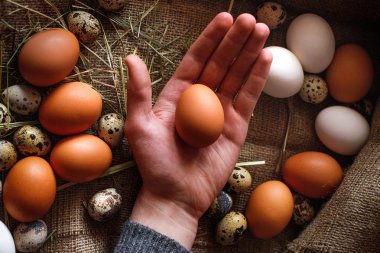 Taze, çiğ yumurta çim üzerinde yalan. Ahşap arka plan. Çuval bezi doku. Organik arka plan. Sağlıklı beslenme. Paskalya kompozisyon.