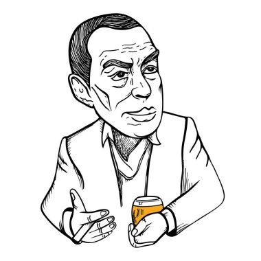 Vector stylized portrait of famous writer Erich Maria Remarque drinking alcoholic cocktail.